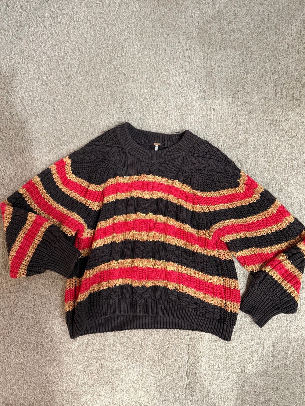 Free People Black Crewneck Sweater with Red and Gold Stripes